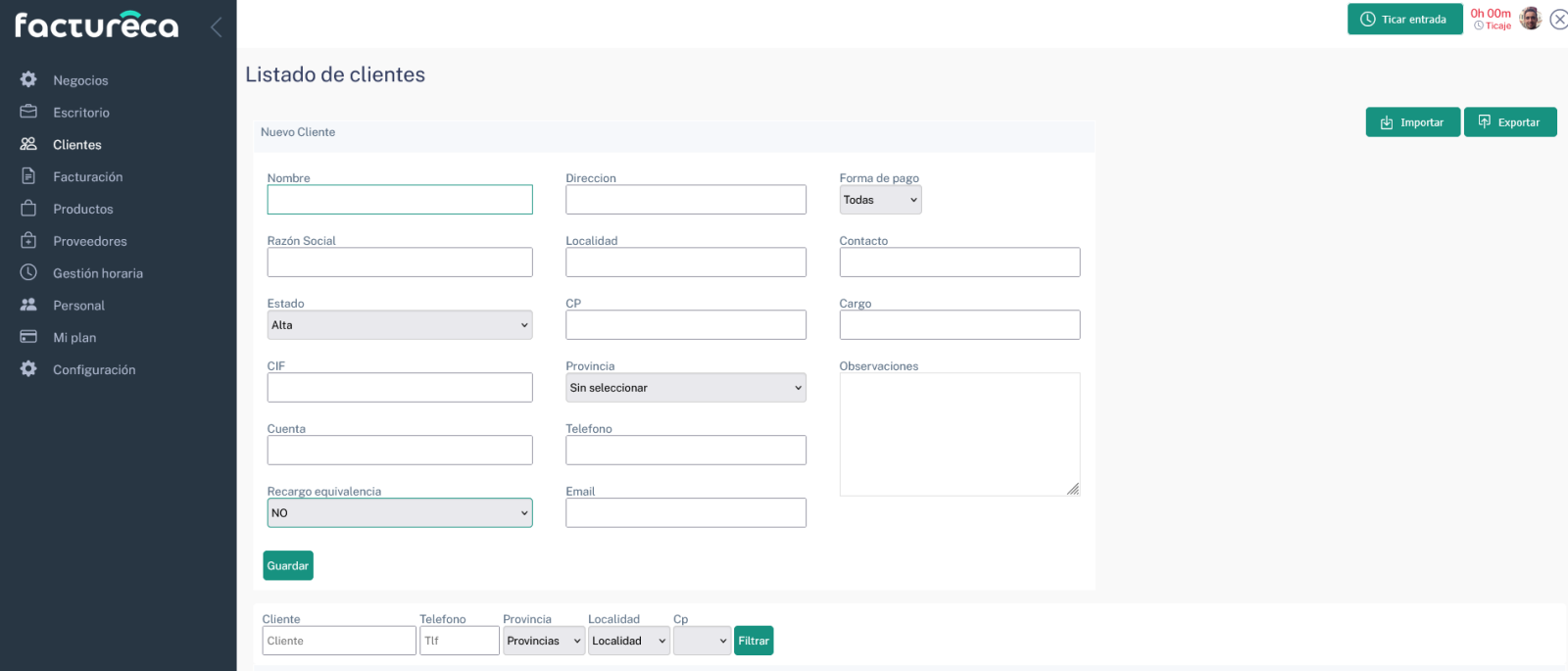 menu clientes factureca
