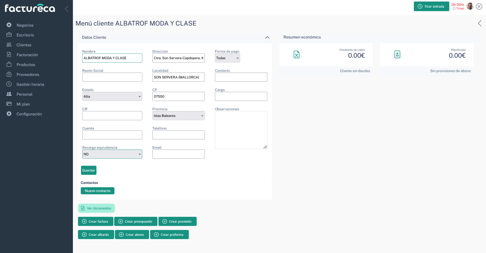 menu modificacion clientes factureca
