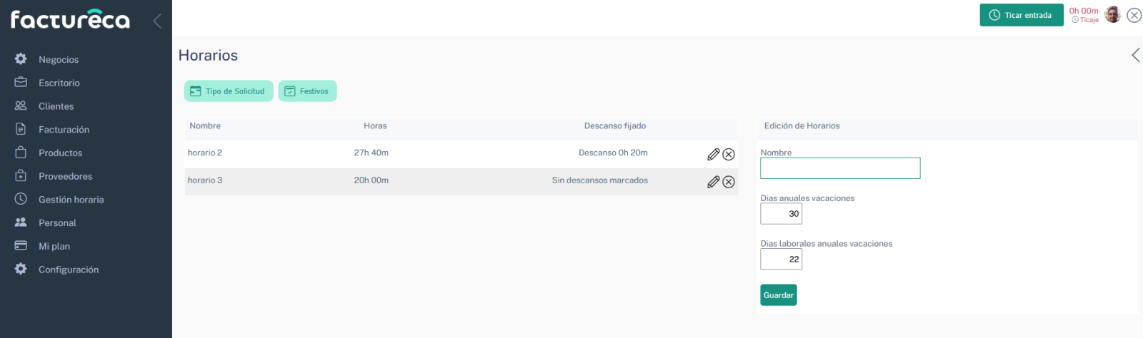factureca configuracion horaria