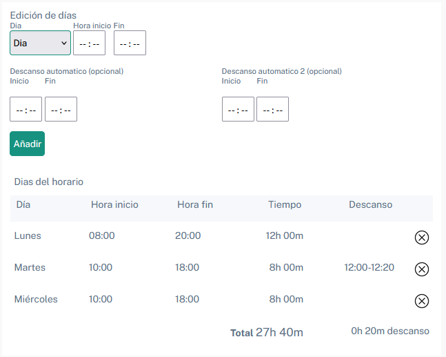 factureca configuracion horaria dias