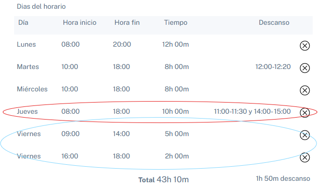 factureca configuracion horaria opciones