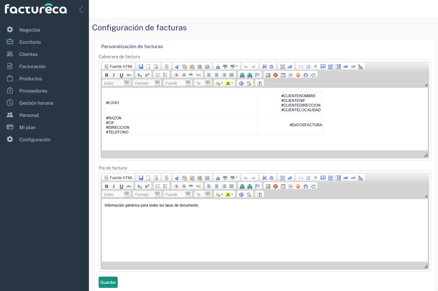 factureca configuración general de la factura