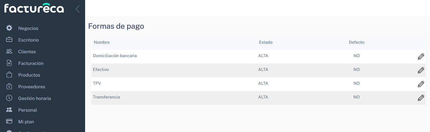 factureca formas de pago