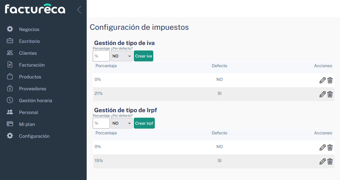factureca configuracion tasas