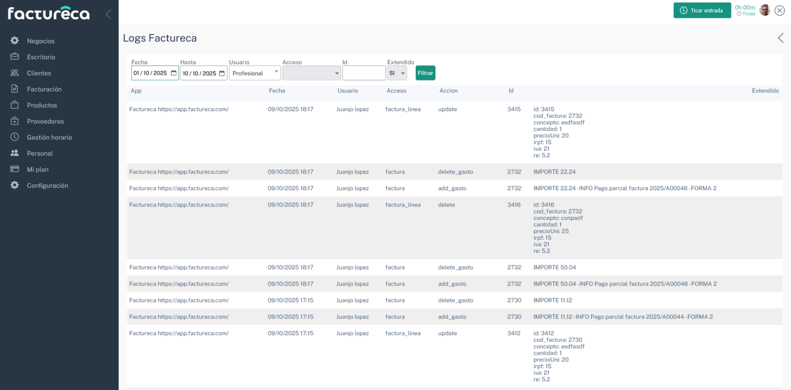factureca consulta de logs extendida