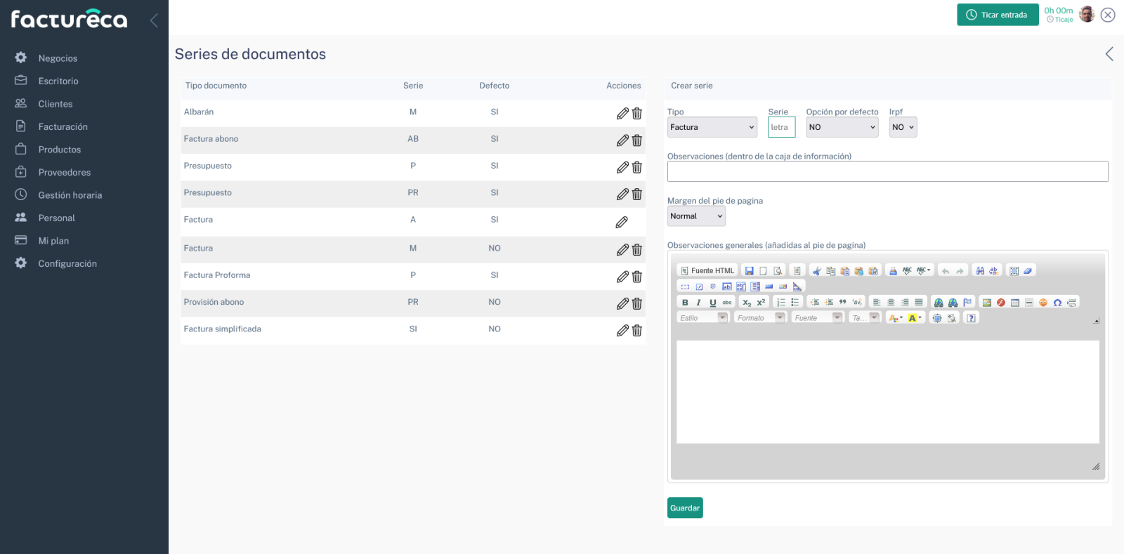 factureca series de documentos