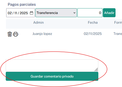 factureca comentario privado en documento