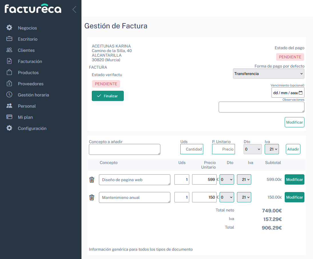 factureca pantalla edición facturas