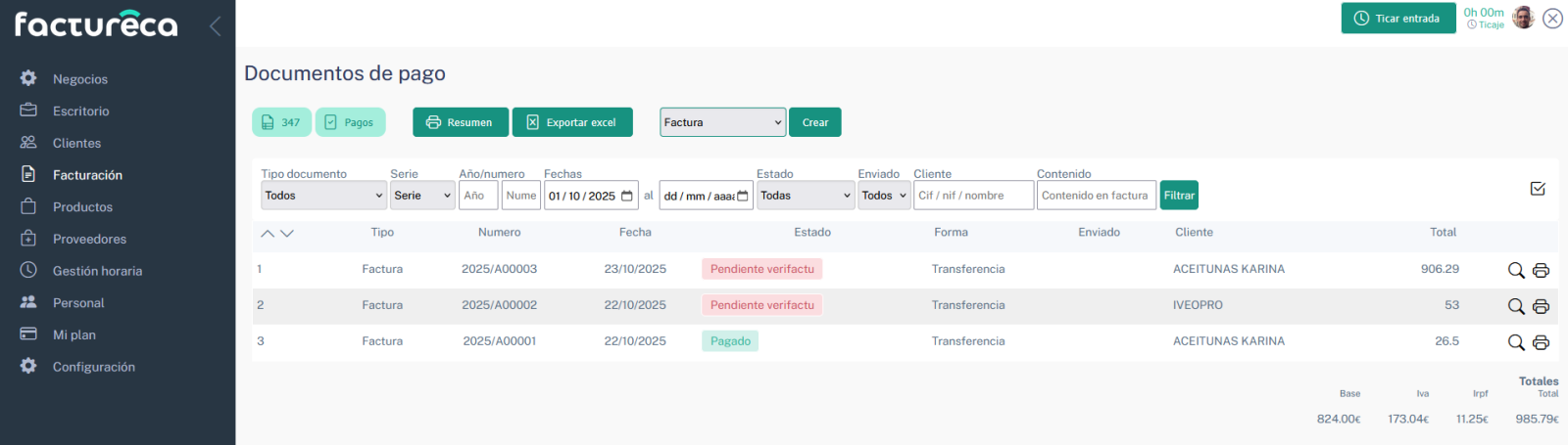 factureca menu de facturación y documentos
